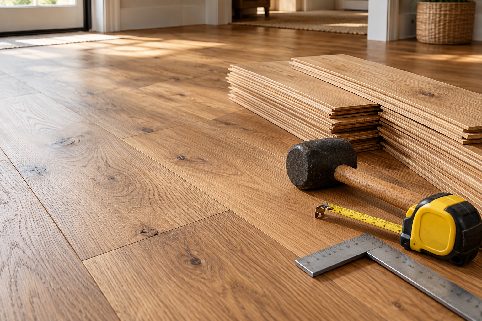 Illustrative flooring tools and oak planks; not a photograph of a completed SK Flooring project